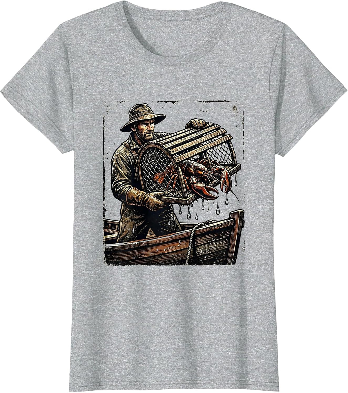 Lobster Trap Haul Fisherman Boat Graphic T-Shirt - Heather Grey