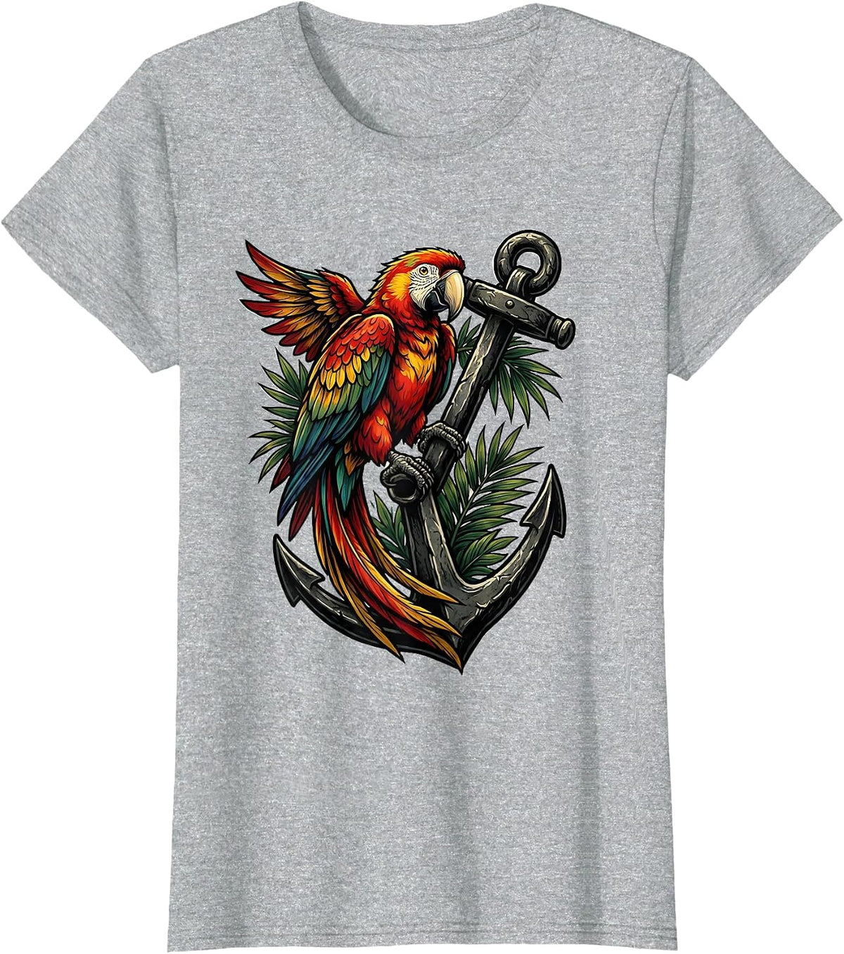 Parrot on Anchor Nautical Bird Graphic T-Shirt - Heather Grey