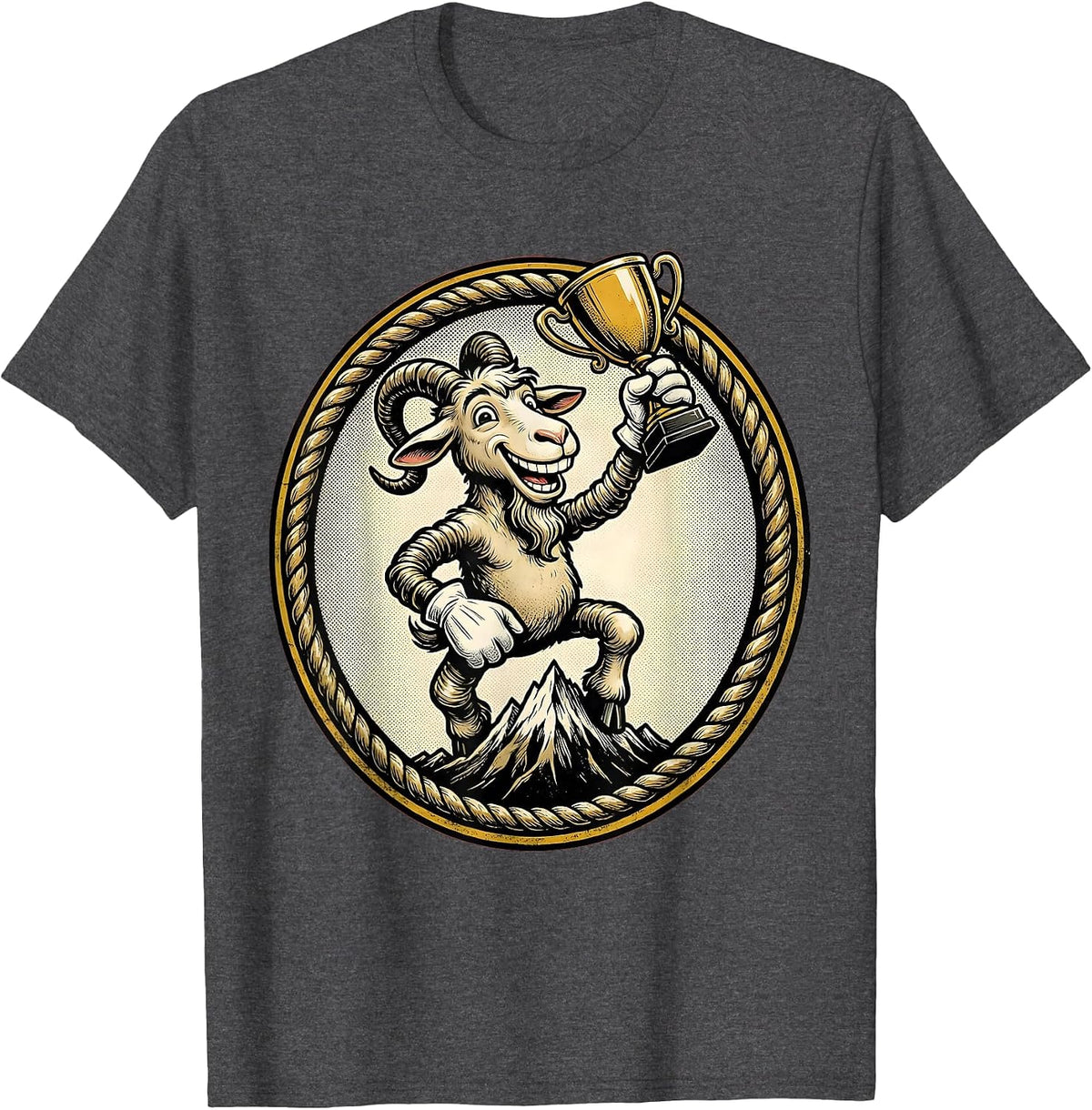 Men's Goat on Mountain Peak Holding Trophy Illustration T-Shirt - Dark Heather Grey