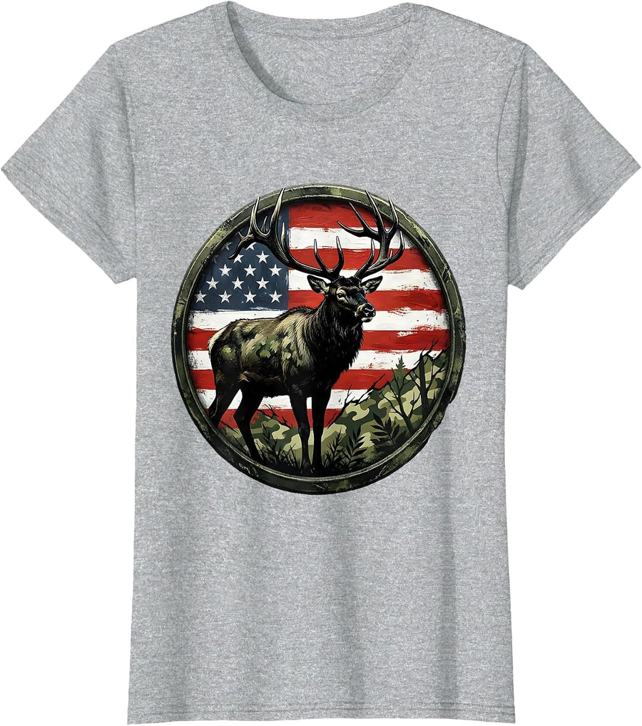 Elk in Misty Camo Woodland Illustration T-Shirt - Heather Grey