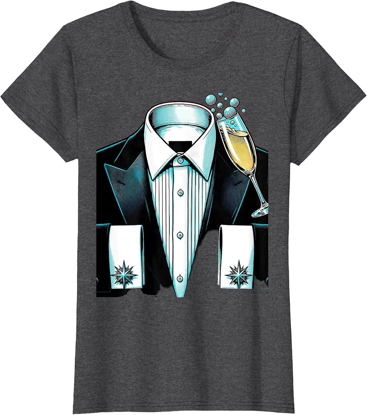 Women's Tuxedo Cufflinks and Champagne Glass Illustration T-Shirt - Dark Heather Grey