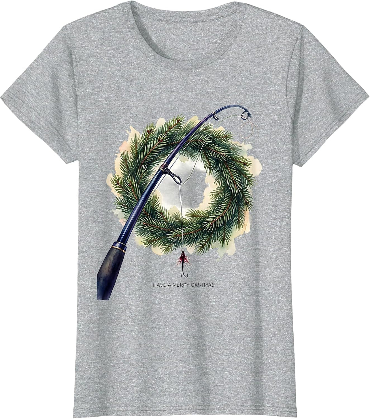 Have a Merry Castmas Watercolor Fishing Christmas Ugly T-Shirt - Heather Grey