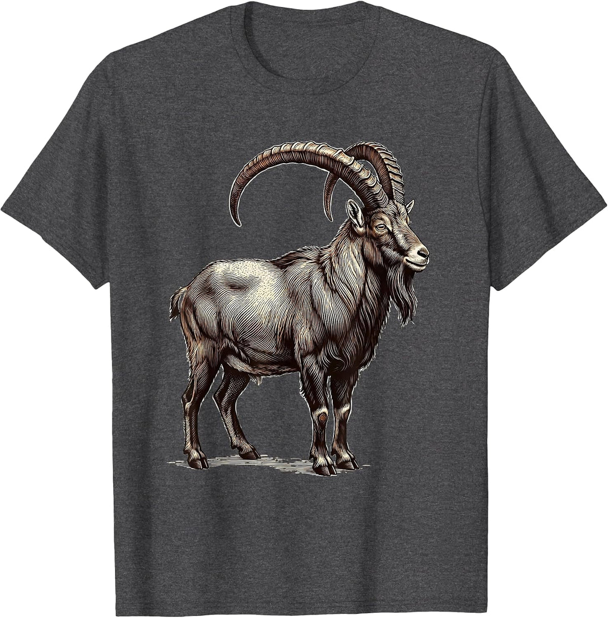 Men's Mountain Goat Crosshatch Etching Minimalist Line Art T-Shirt - Dark Heather Grey
