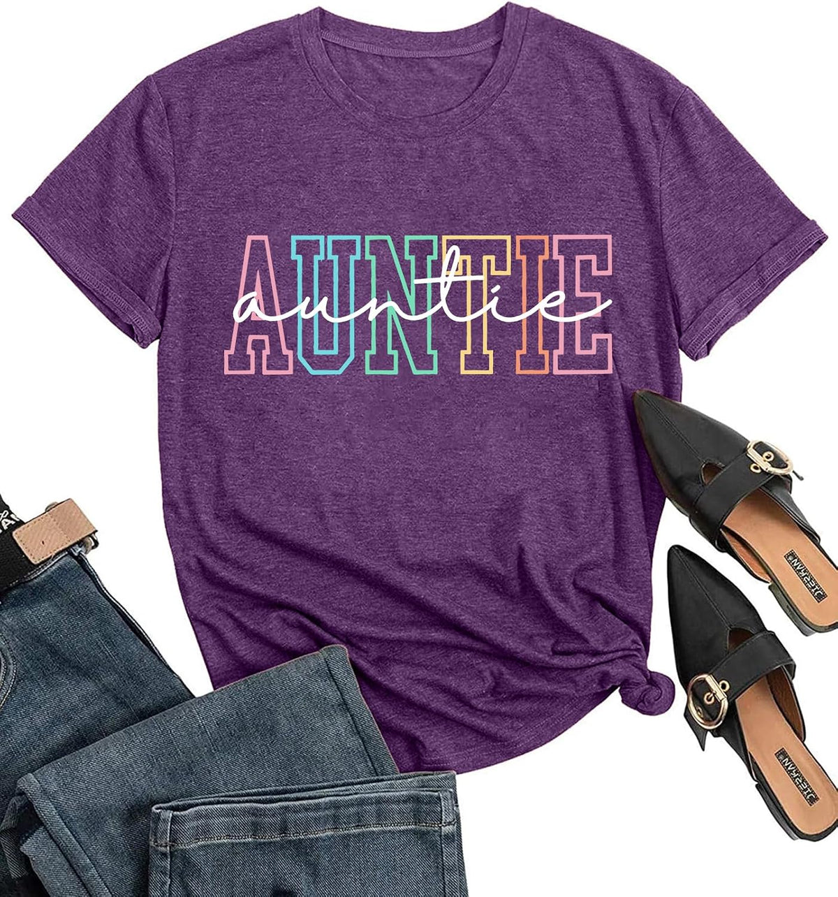 Auntie Shirts for Women Funny Letter Print Short Sleeve Aunt Gift Casual Loose Crew Neck Funny Graphic Tee Tops - Purple