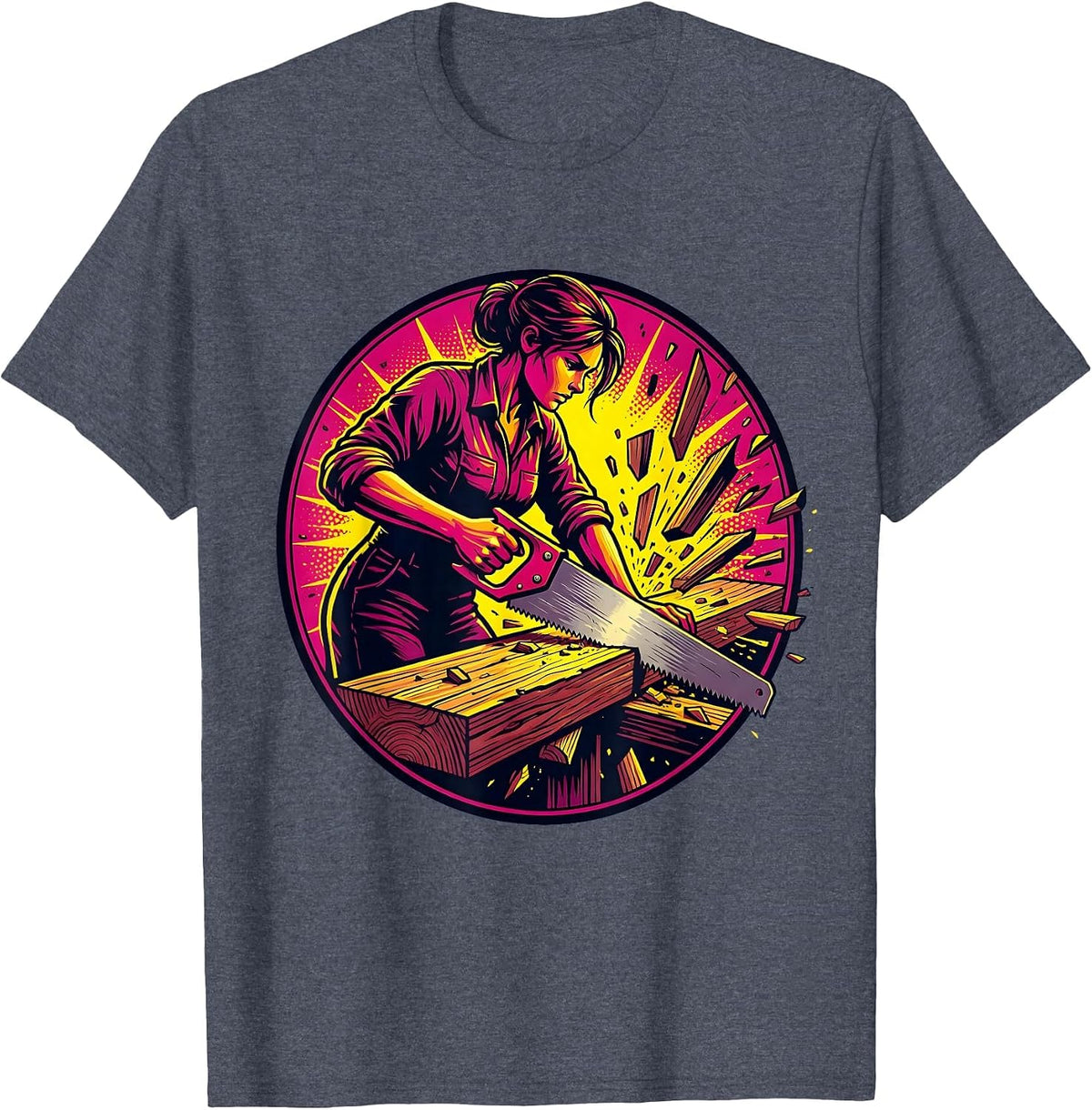 Carpenter Sawing Wood Labor Day Graphic T-Shirt - Heather Blue