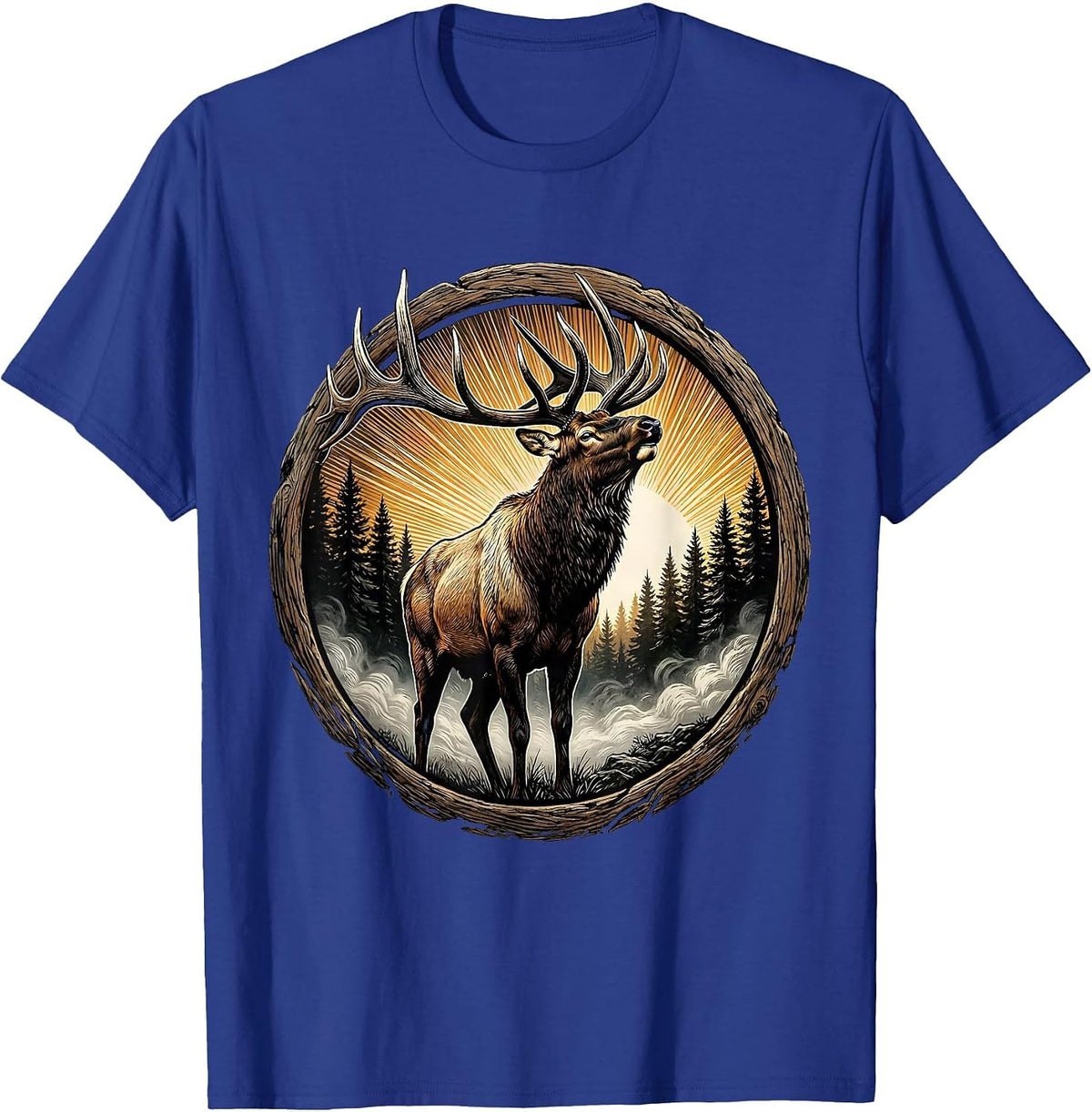 Bull Elk Bugling at Dawn Fog Fall Wildlife Design T-Shirt - Royal Blue