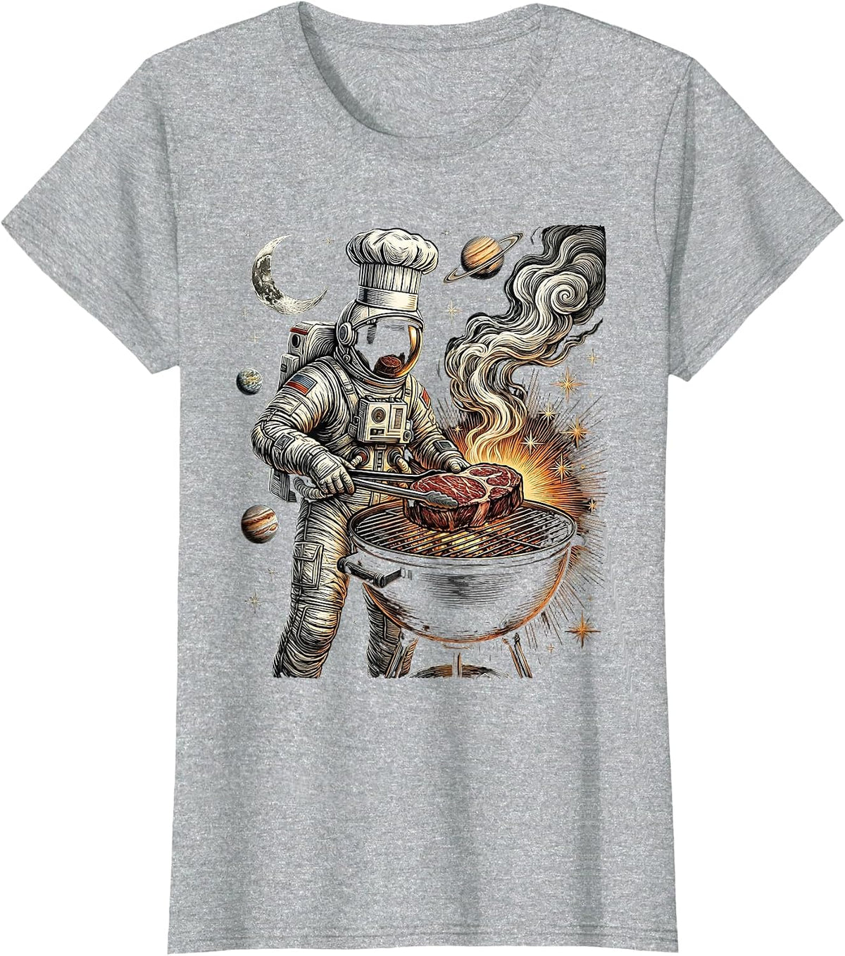 Astronaut Chef Grilling in Outer Space Design T-Shirt - Heather Grey
