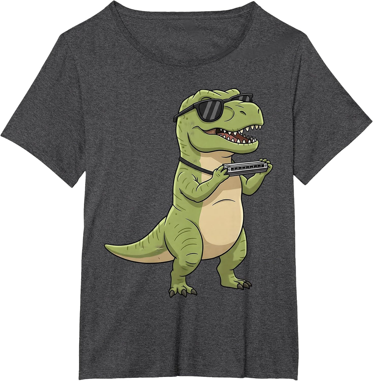 Cute Dinosaur Playing Harmonica T Rex Musician Boys Kids T-Shirt - Dark Heather Grey