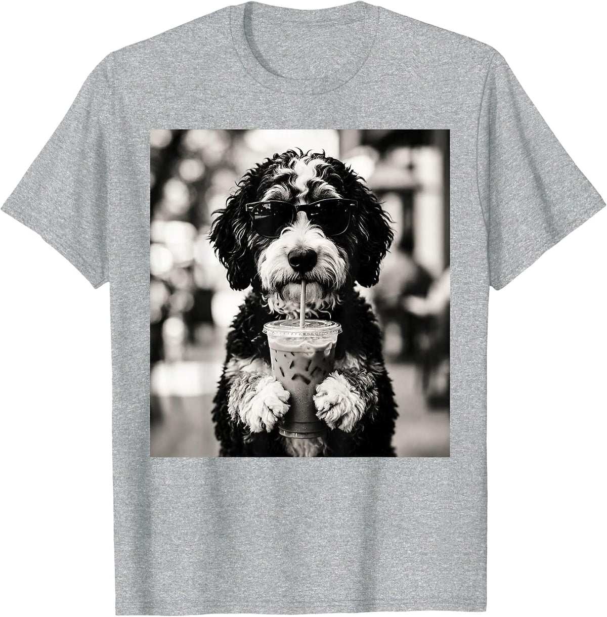 Bernedoodle Iced Coffee Photo Funny Dog Lover Art T-Shirt - Heather Grey