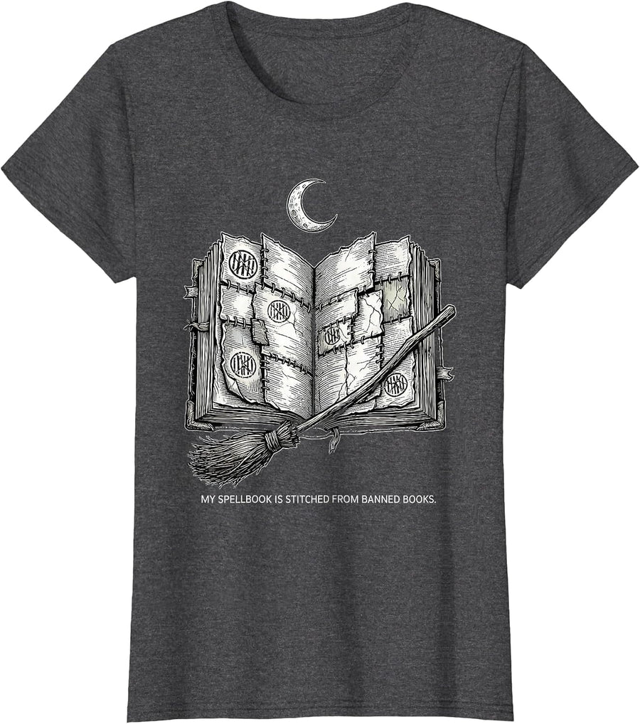Women's My Spellbook Is Stitched From Banned Books Witch T-Shirt - Dark Heather Grey