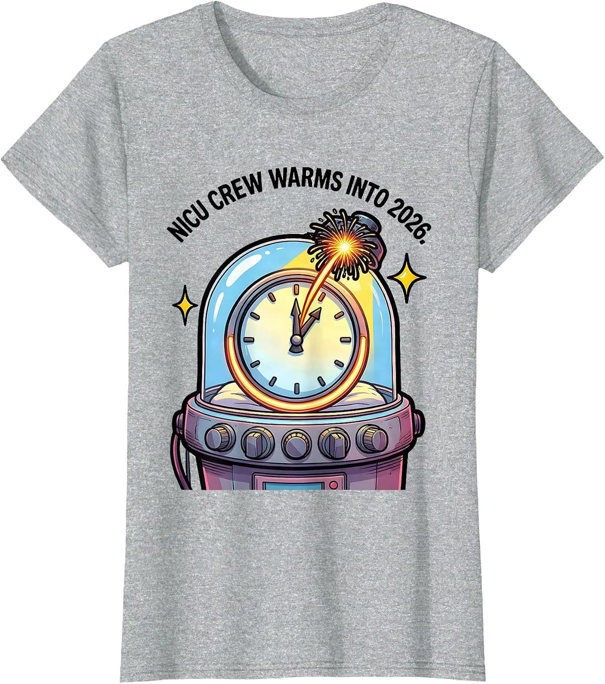 NICU Crew Warms Into 2026 Cartoon Nurse New Year Eve Party T-Shirt - Heather Grey