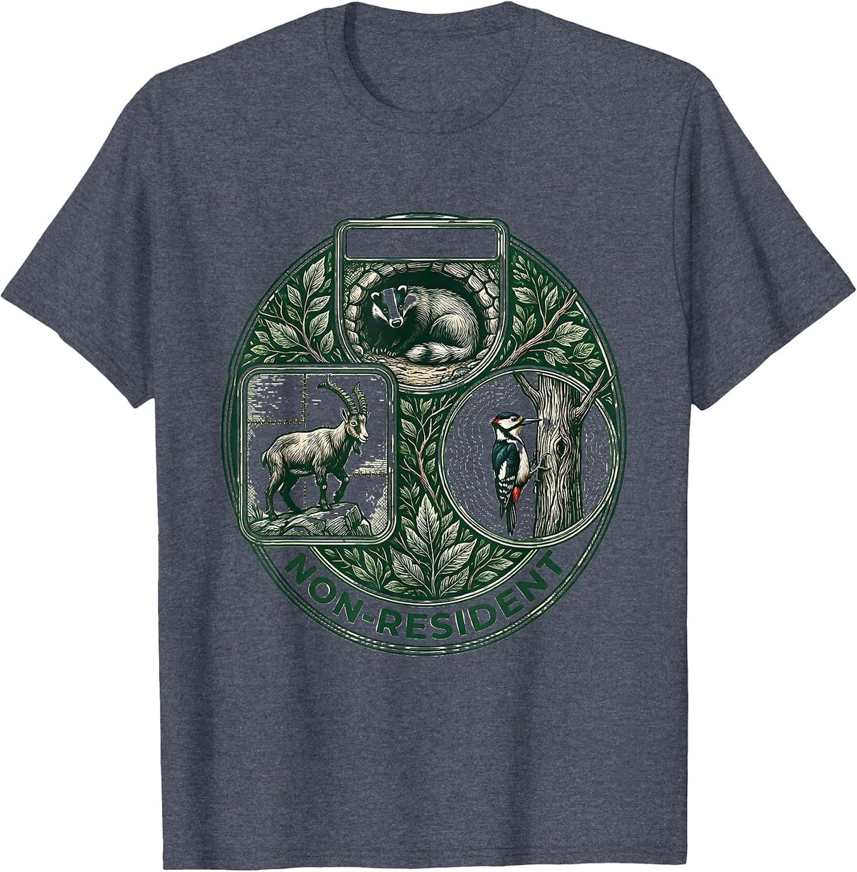 Non-Resident Toile Narrative Forest Wildlife Mountain Humor T-Shirt - Heather Blue