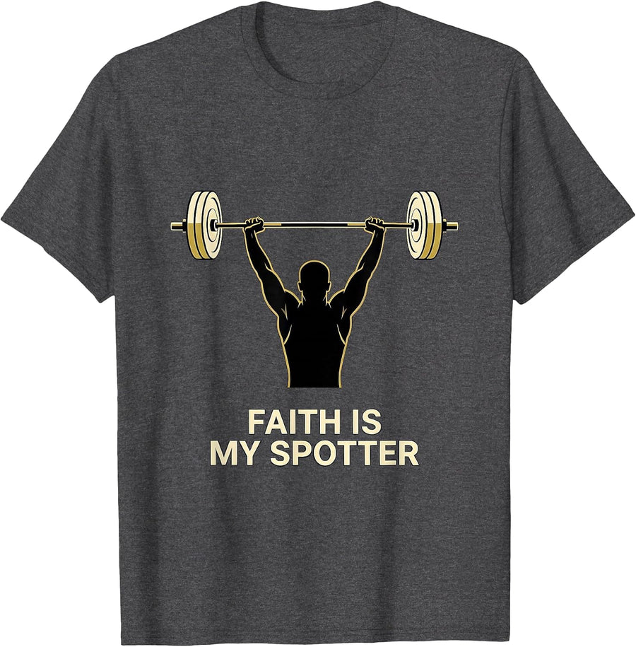 Men's Faith Is My Spotter Funny Christian Gym Weightlifter T-Shirt - Dark Heather Grey