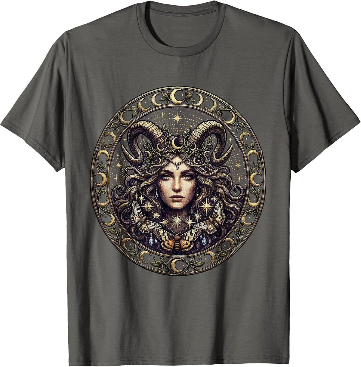 Capricorn Zodiac Goat Horn Flowing Hair Design T-Shirt - Asphalt Grey