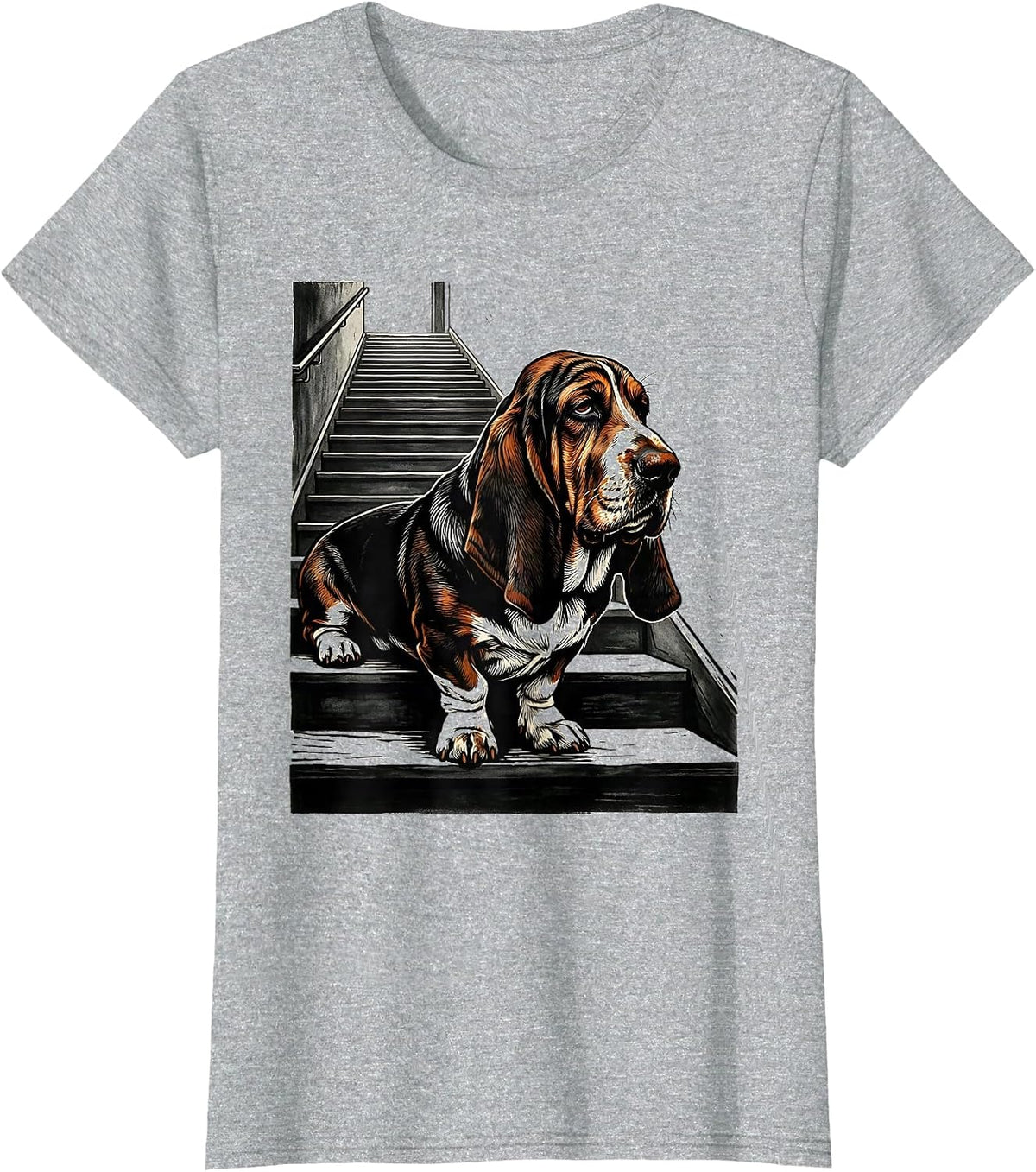 Basset Hound Dog Breed Funny Linocut Art T-Shirt - Heather Grey