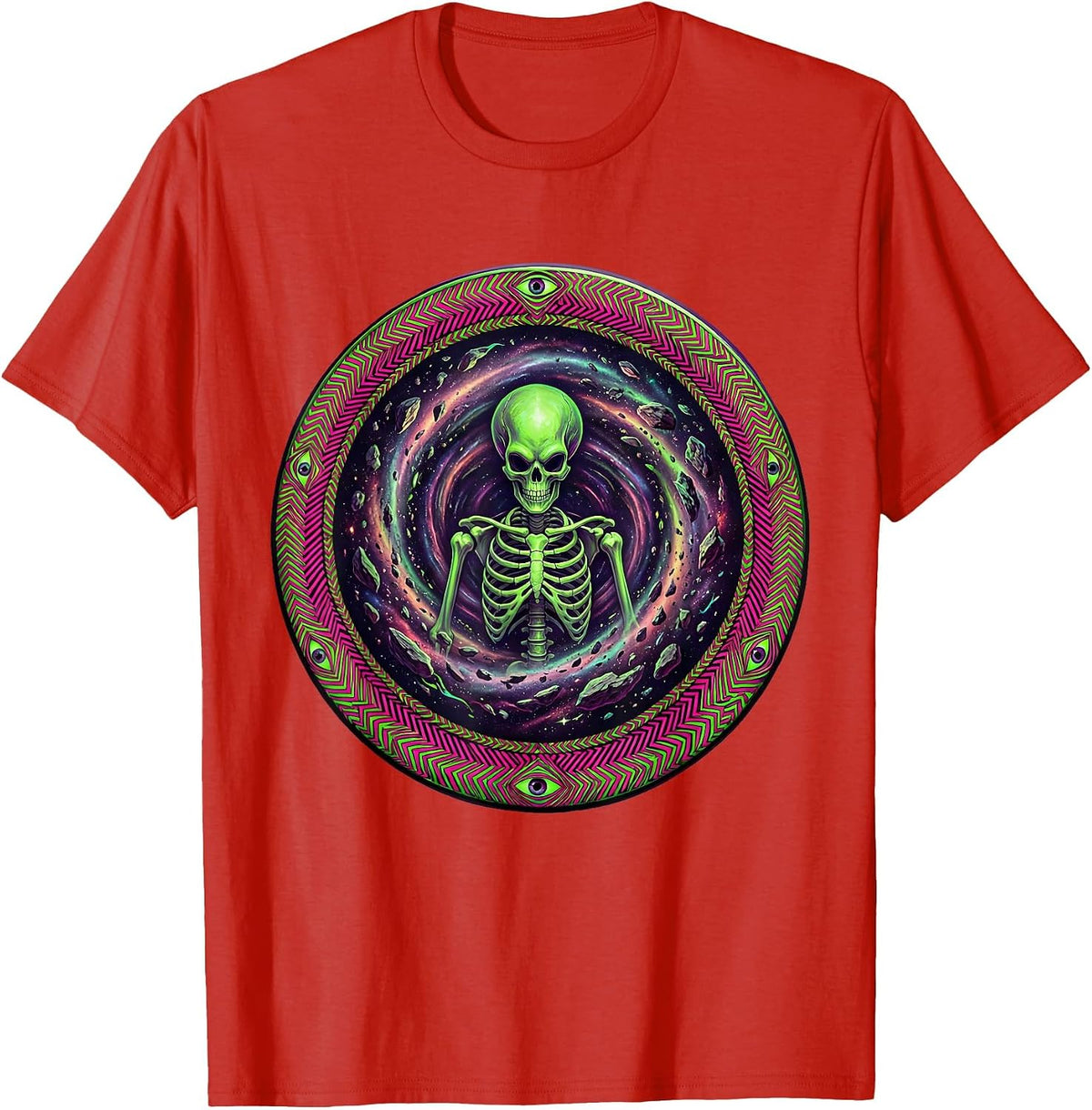 Men's Skeleton Alien Floating in Deep Space Debris T-Shirt - Red