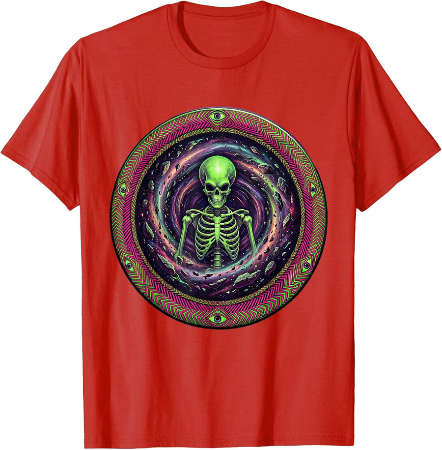 Men's Skeleton Alien Floating in Deep Space Debris T-Shirt - Red
