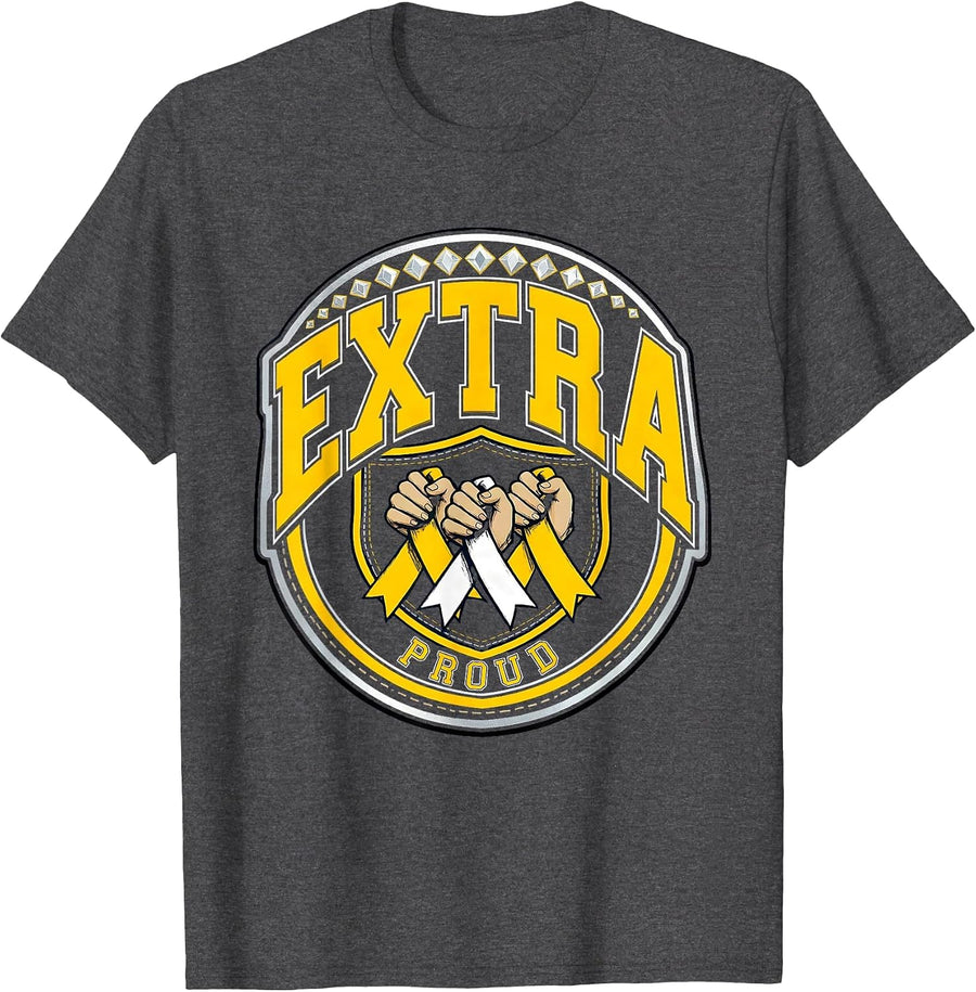 Men's Extra Chromosome Pride Sparkle Varsity Ribbon Shield Homies T-Shirt - Dark Heather Grey