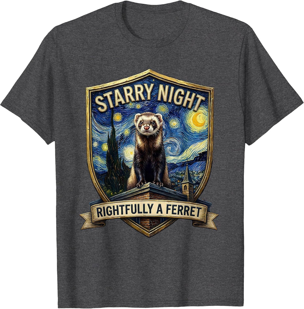 Starry Night Rightfully A Ferret Whimsical Art Parody Ferret T-Shirt - Dark Heather Grey
