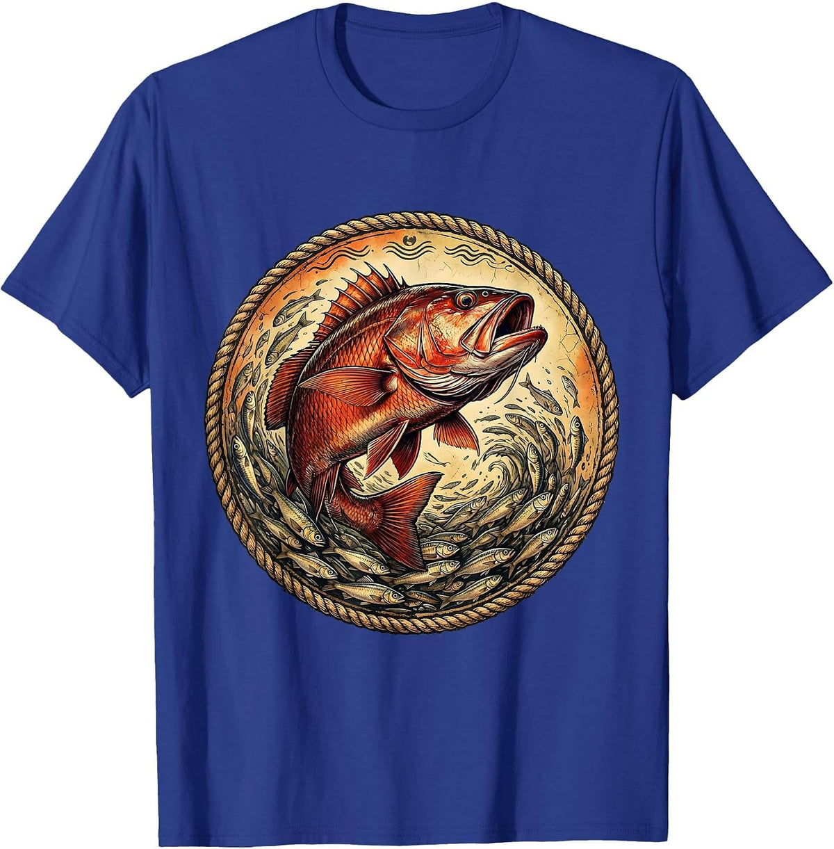 Red Snapper Bursting Through Baitfish Gulf Art T-Shirt - Royal Blue