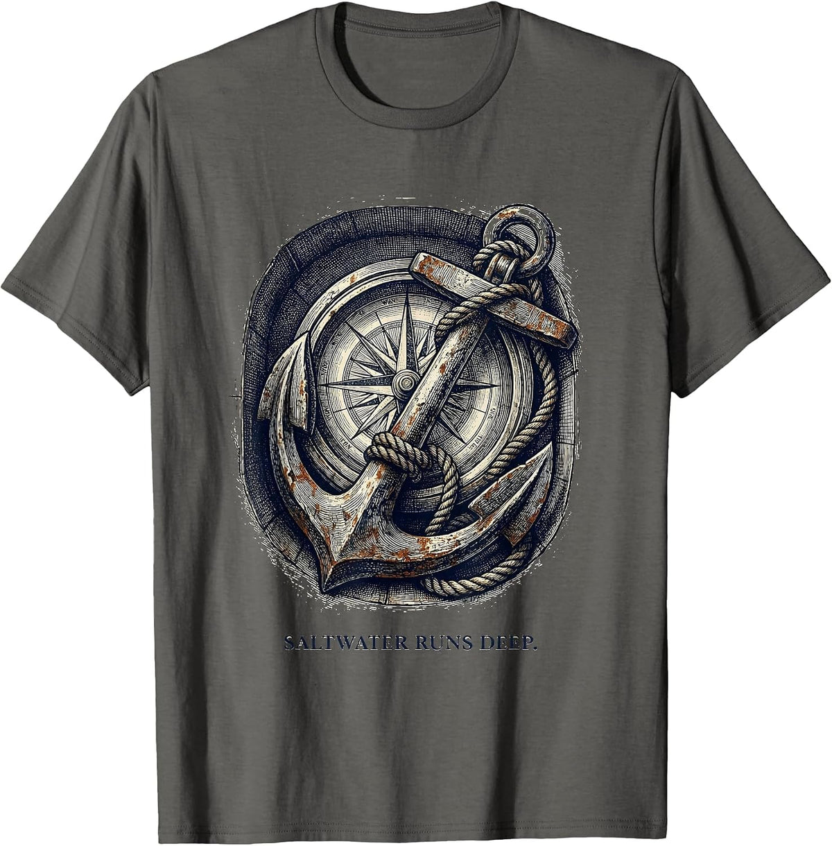 Men's Saltwater Runs Deep Sailor Graphic Design T-Shirt - Asphalt Grey
