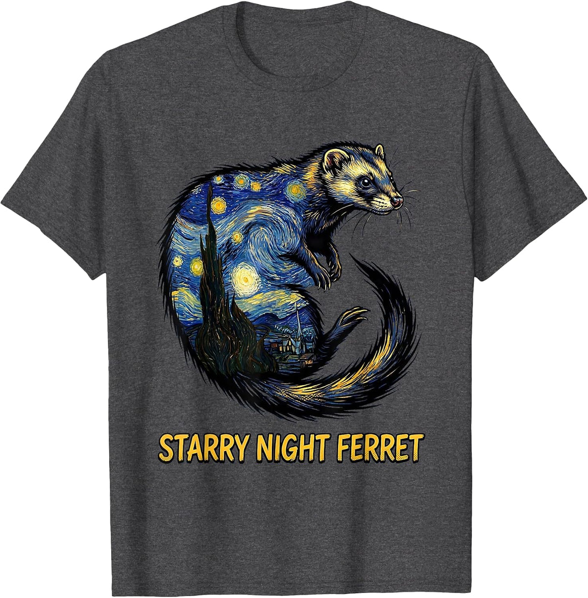 Men's Starry Night Ferret Comic Book Ferret Lover Art Homage T-Shirt - Dark Heather Grey