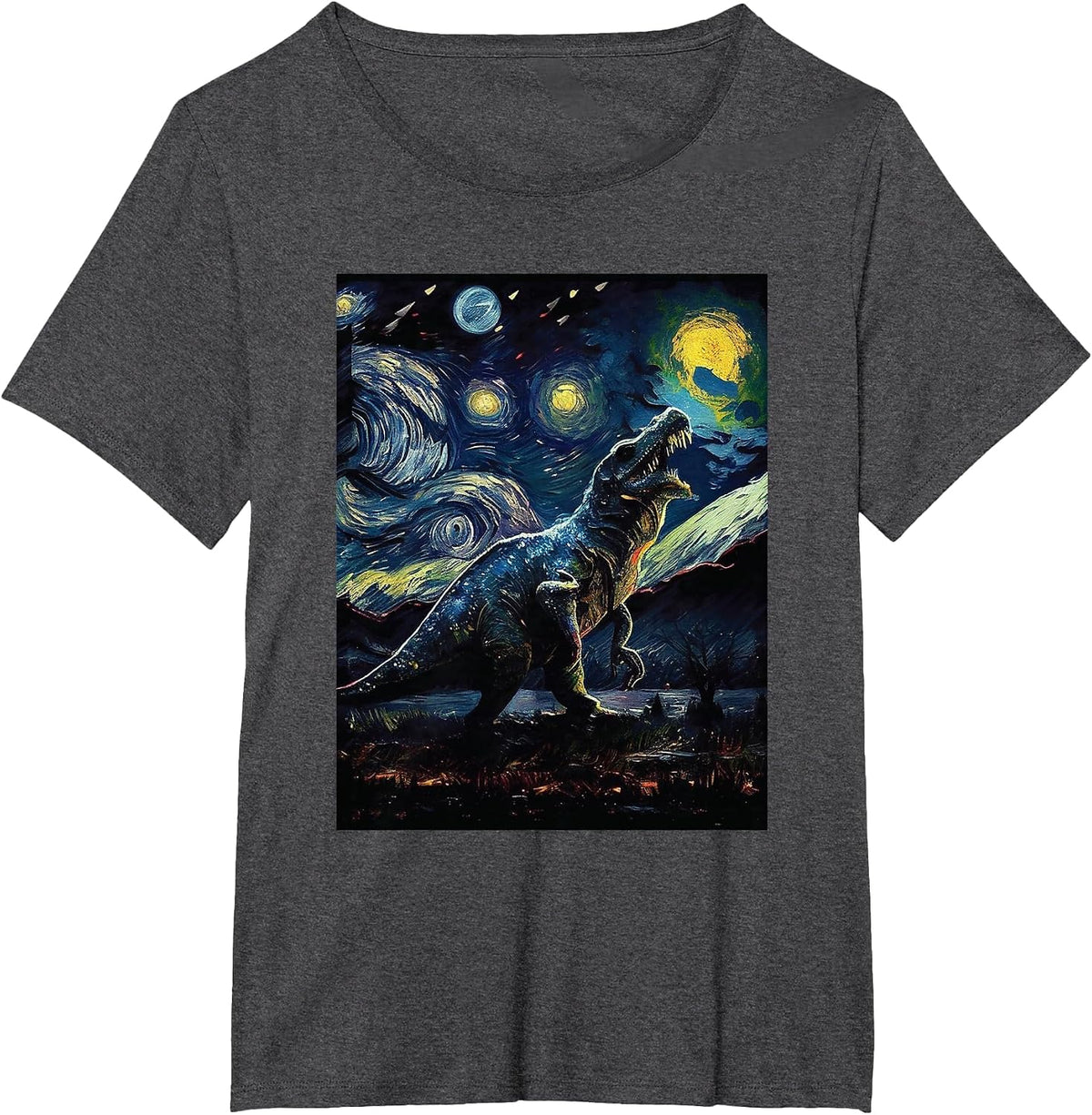 Dinosaur Painting Van Gogh Art Starry Night Sky T-Shirt - Dark Heather Grey