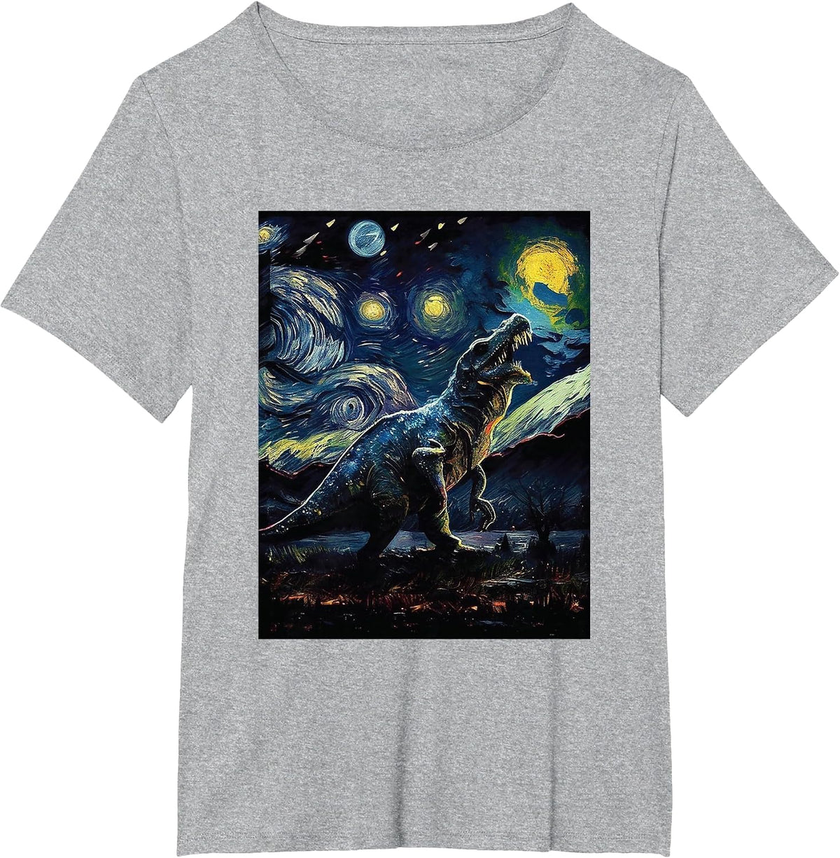 Dinosaur Painting Van Gogh Art Starry Night Sky T-Shirt - Heather Grey