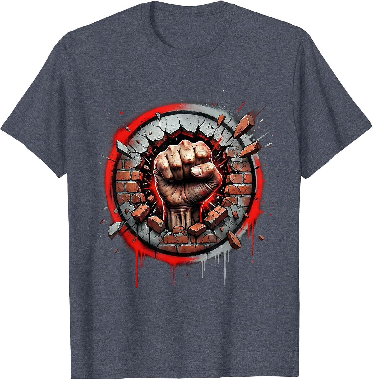 Punk Rock Fist Through Brick Wall Graphic Tee T-Shirt - Heather Blue