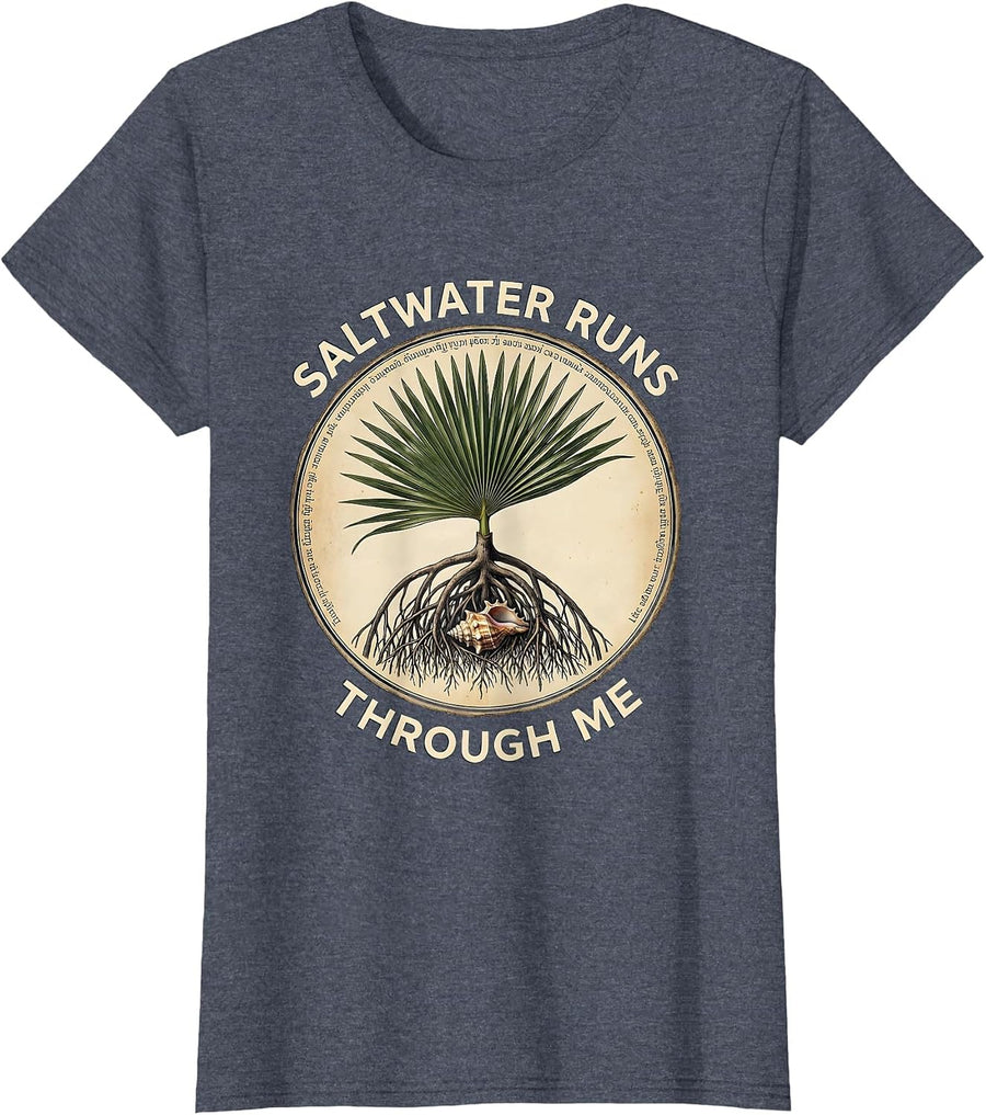 Saltwater Runs Through Me Caribbean Design T-Shirt, Women, Heather Blue, X-Large - As Pictured