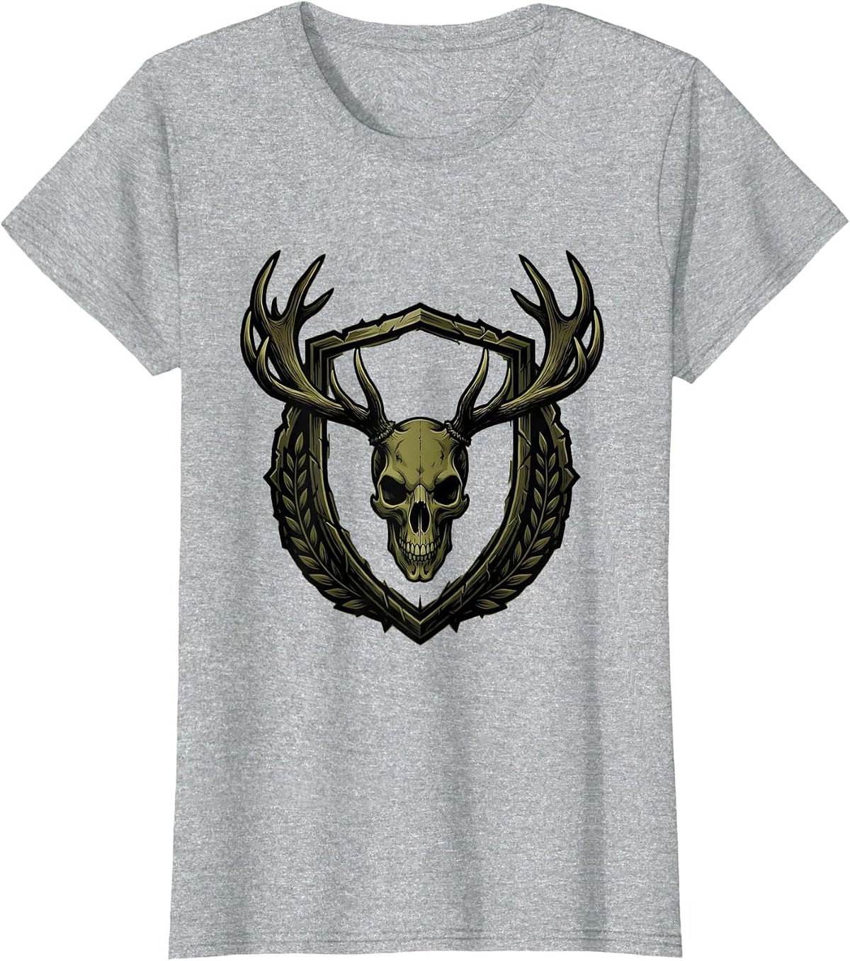 Camo Skull Elk Antlers Hunting Graphic Design T-Shirt - Heather Grey