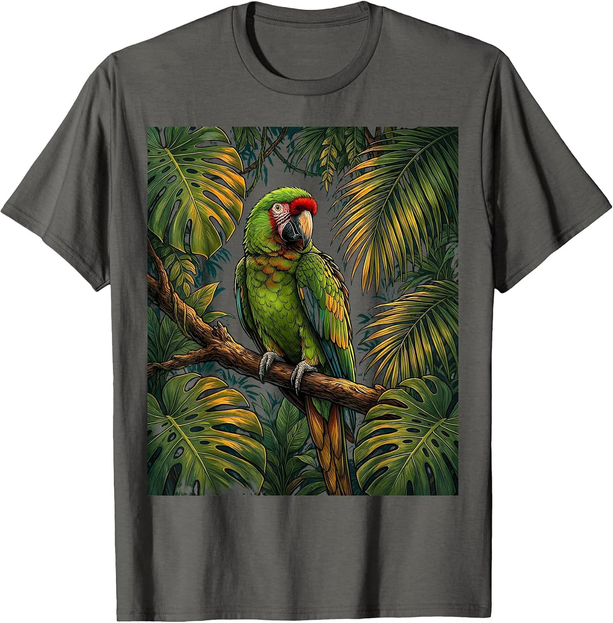 Puerto Rican Parrot Dense Jungle Canopy Illustration T-Shirt - Asphalt Grey