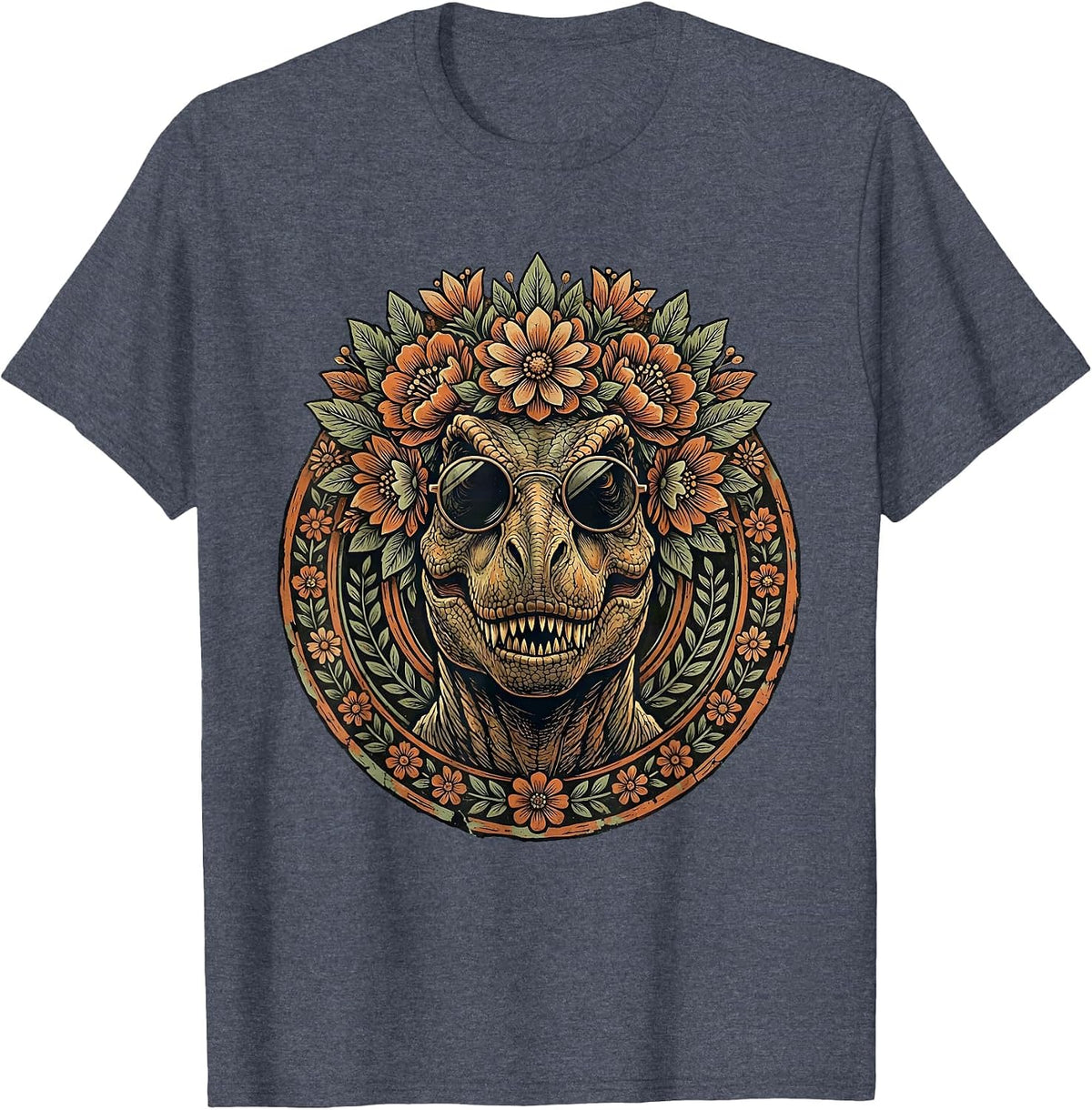 Floral Crown T-Rex Sunglasses Dinosaur Design T-Shirt - Heather Blue