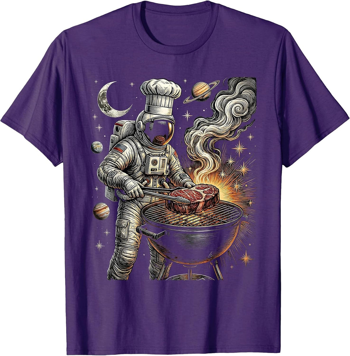 Astronaut Chef Grilling in Outer Space Design T-Shirt - Purple