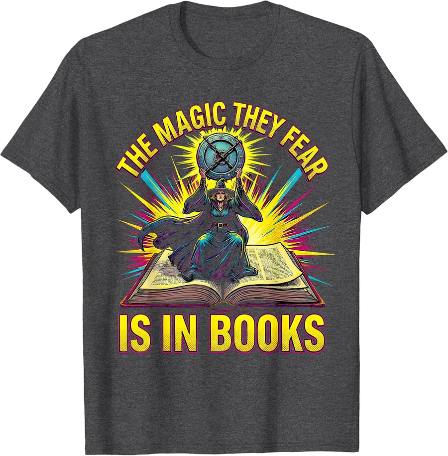 Men's The Magic They Fear Is In Books Pop Art Witch Librarian T-Shirt - Dark Heather Grey