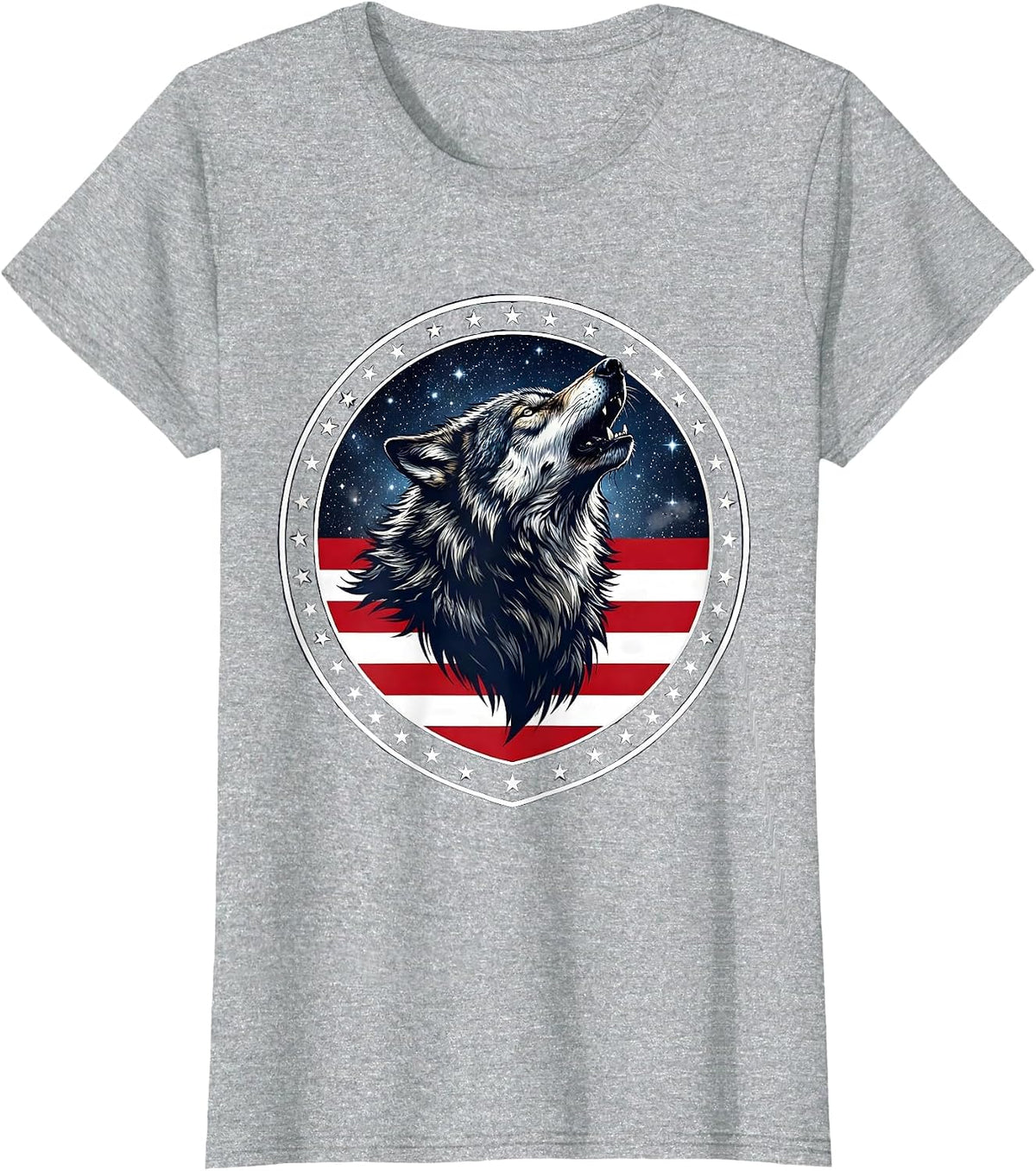 Wolf Howling at Starry Night Sky Illustration T-Shirt - Heather Grey