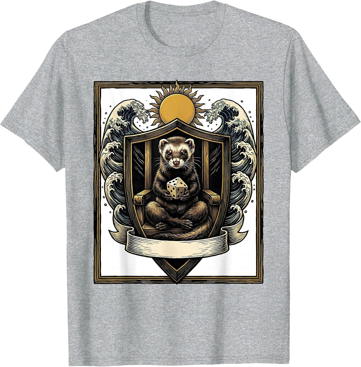 Men's Ferret Crest Gamer Novelty Anime Ukiyo-e T-Shirt - Heather Grey