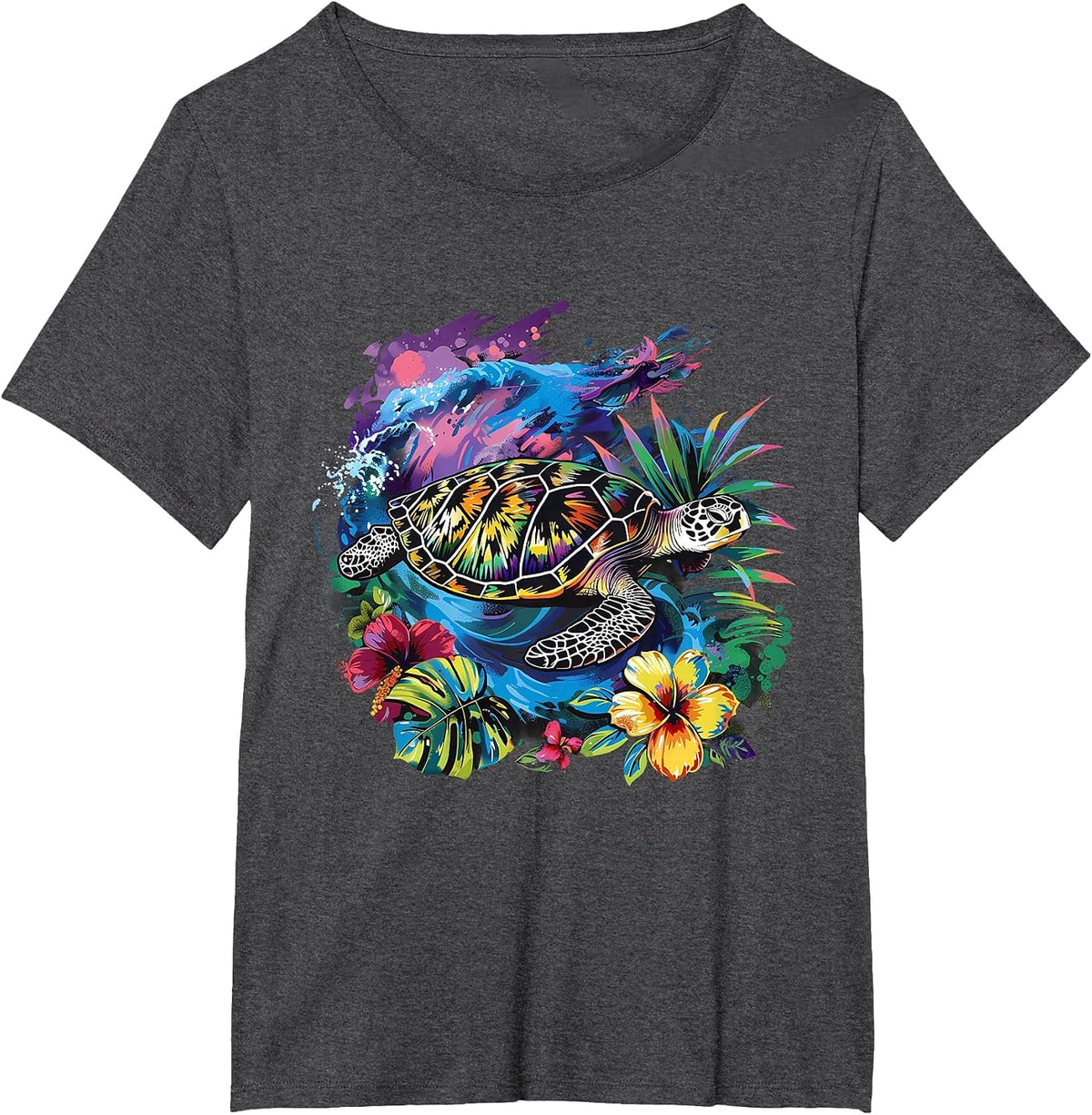 Sea Turtle Floral Artwork Marine Mammal Sea Ocean Animal T-Shirt - Dark Heather Grey