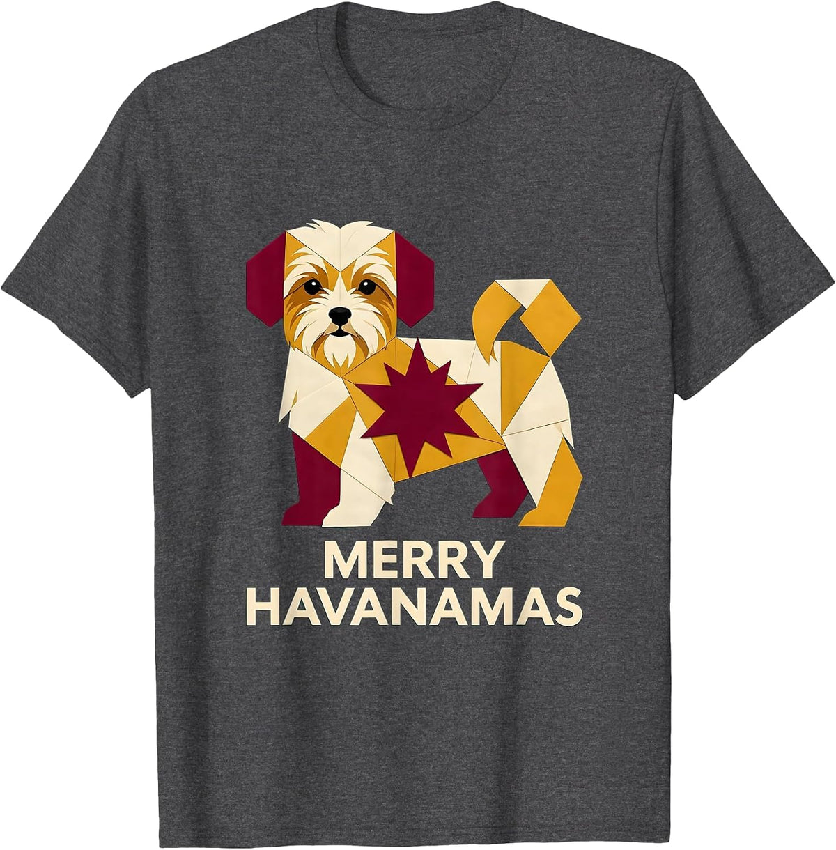 Men's Merry Havanamas Quilt Block Patchwork Havanese Christmas Dog T-Shirt - Dark Heather Grey