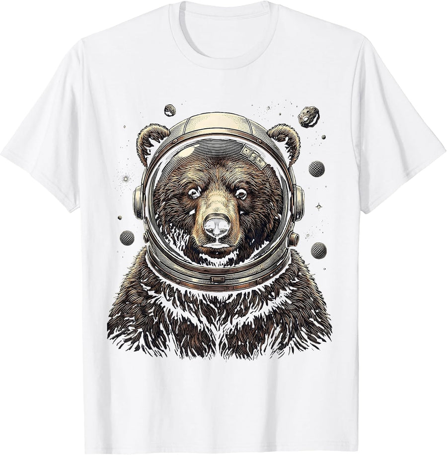 Men's Bear Astronaut Floating in Space Illustration T-Shirt - White