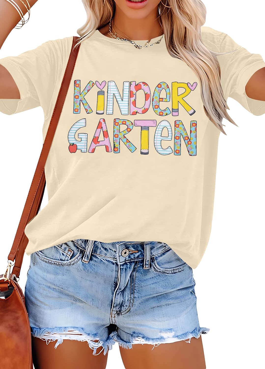Teacher Shirts Women Kindergarten Shirt Teaching Graphic Tees - Apricot