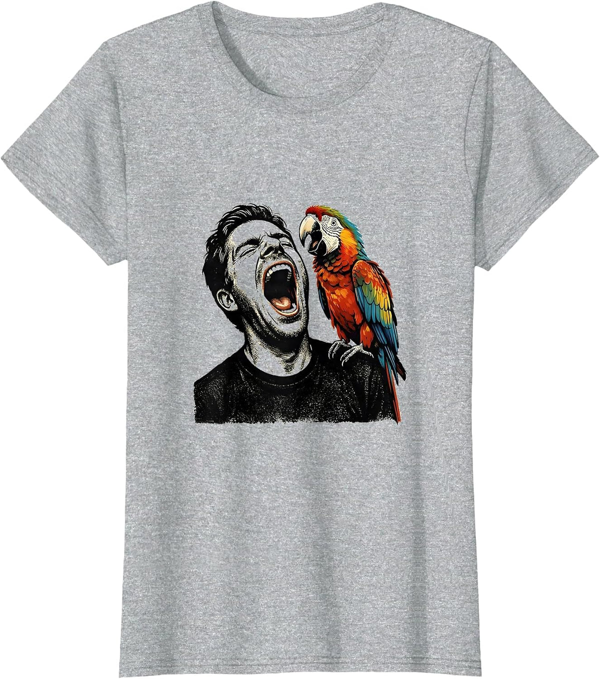 Women's Funny Parrot Mimicking Yawning Man on Shoulder T-Shirt - Heather Grey