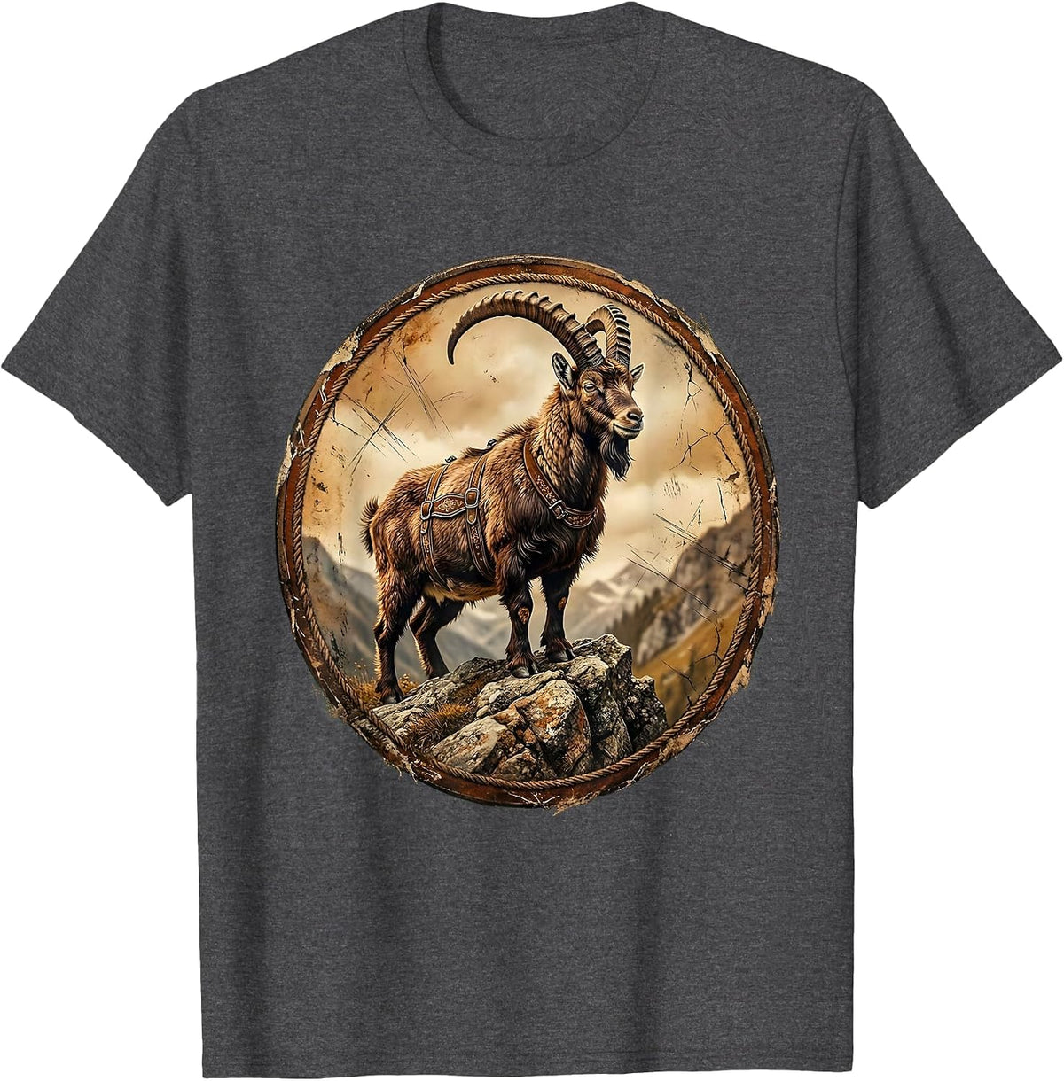 Goat in Lederhosen Rocky Hillside Illustration T-Shirt - Dark Heather Grey