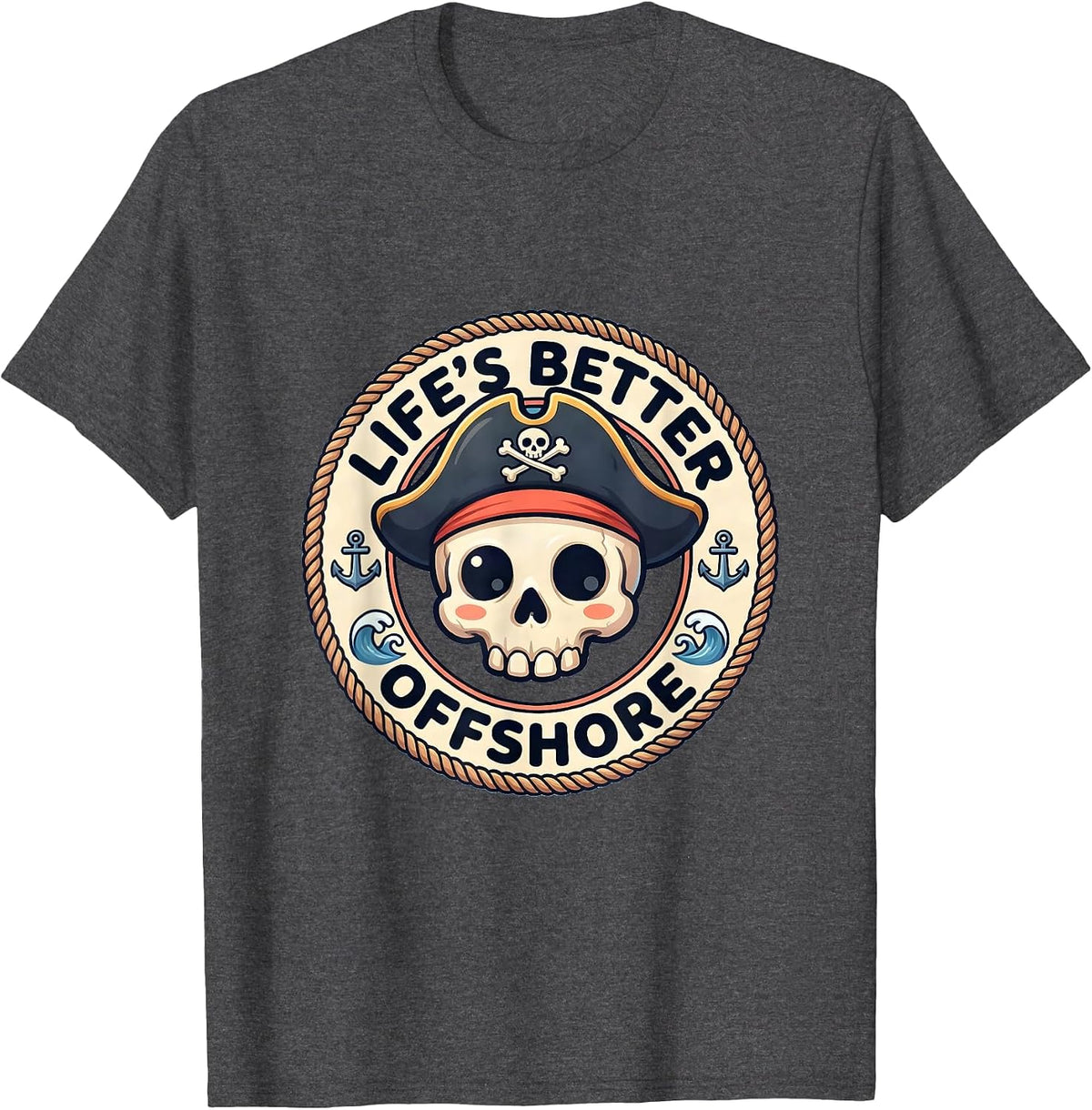 Men's Life's Better Offshore Pirate Adventure Design T-Shirt - Dark Heather Grey