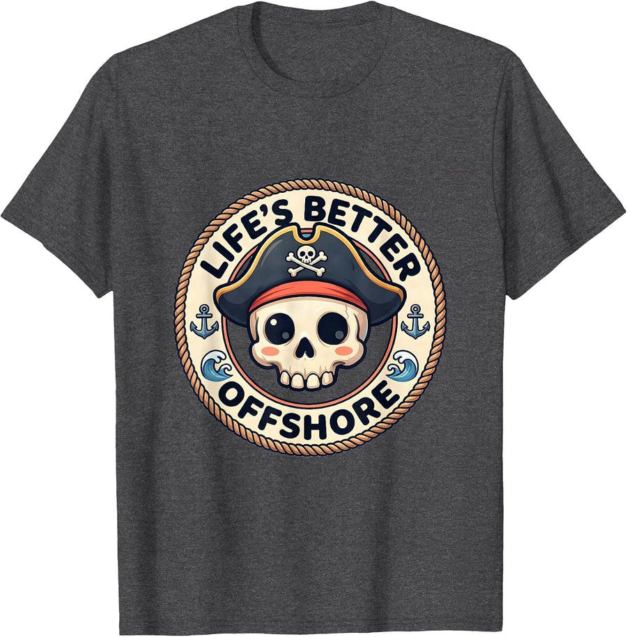 Men's Life's Better Offshore Pirate Adventure Design T-Shirt - Dark Heather Grey