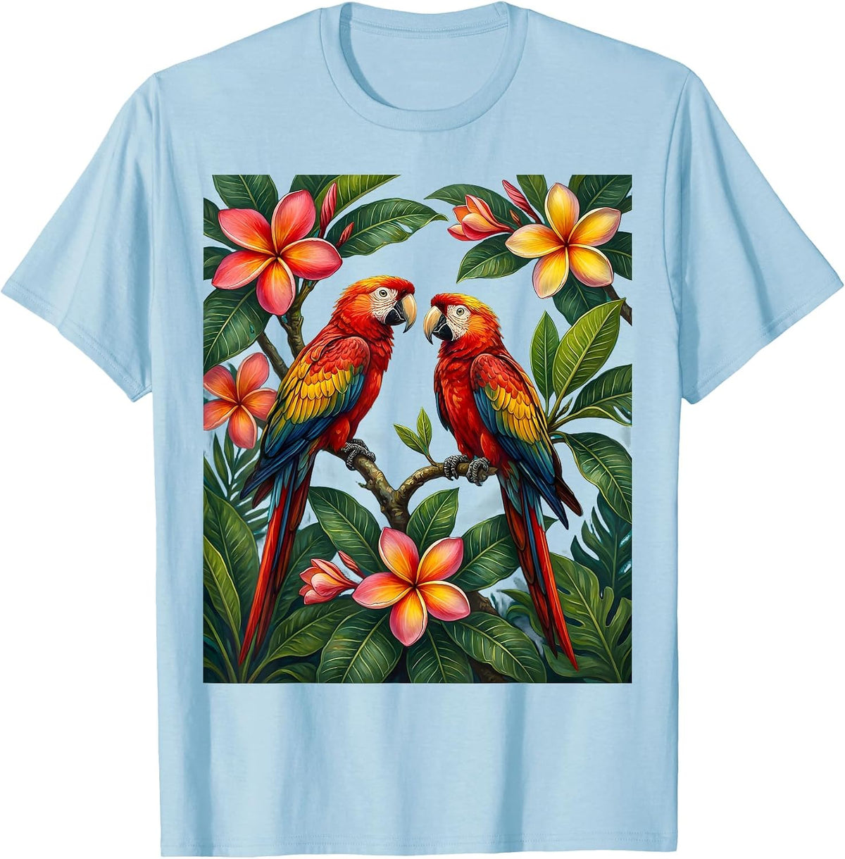 Men's Tropical Parrots Plumeria Hawaiian Floral Design T-Shirt - Baby Blue