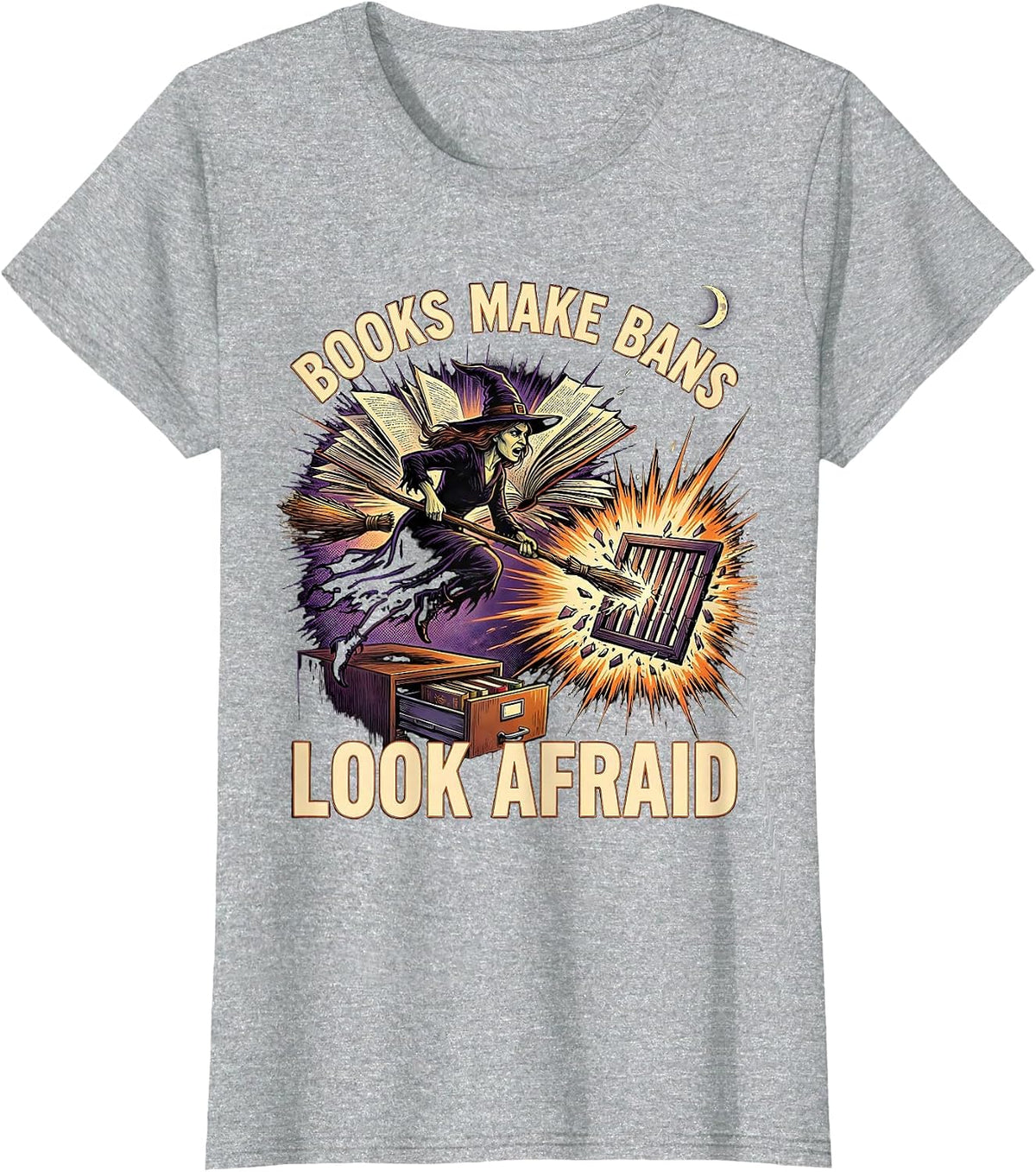 Women's Books Make Bans Look Afraid Comic Book Witch Halloween T-Shirt - Heather Grey