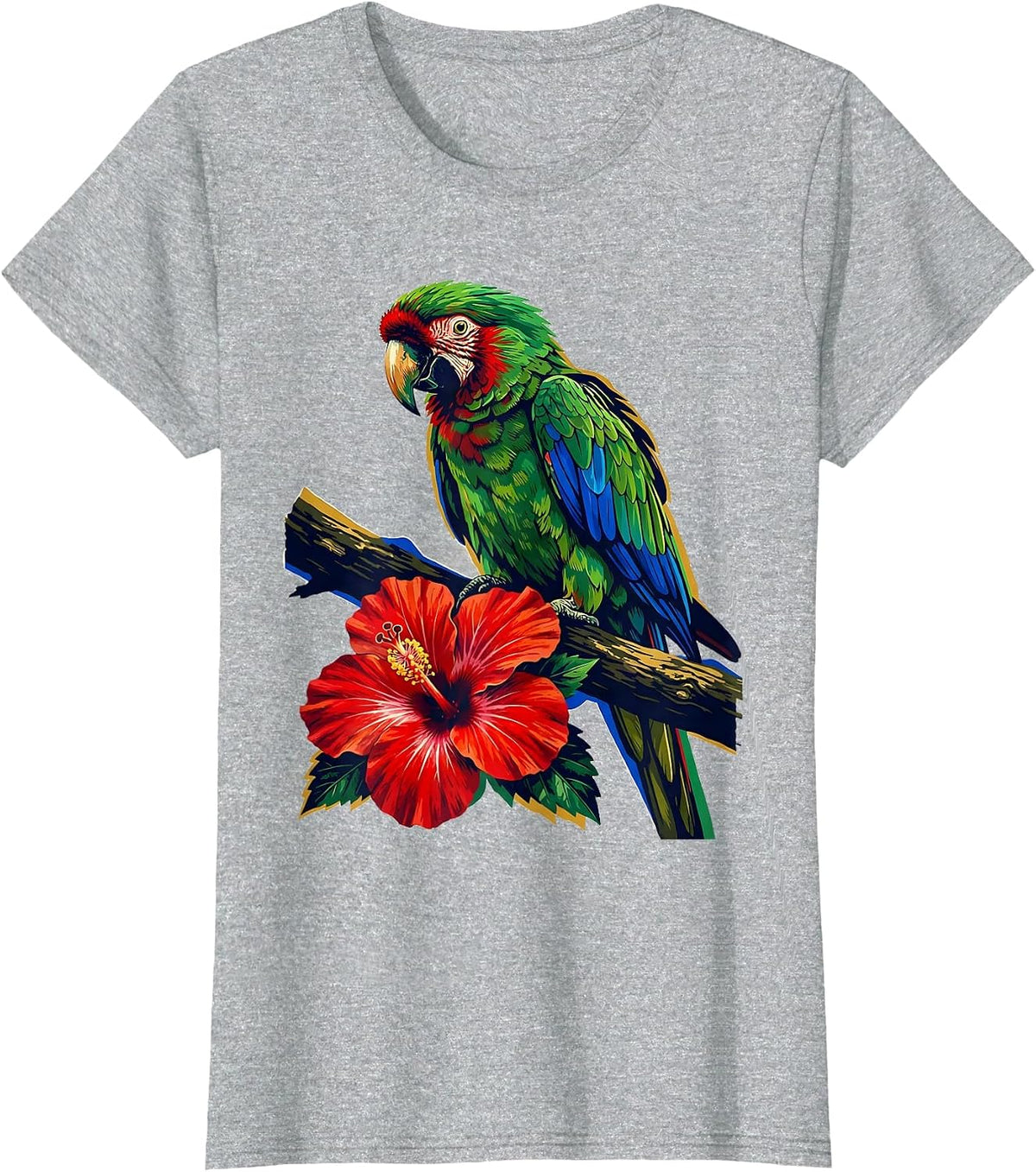 Puerto Rican Parrot and Hibiscus Illustration T-Shirt - Heather Grey
