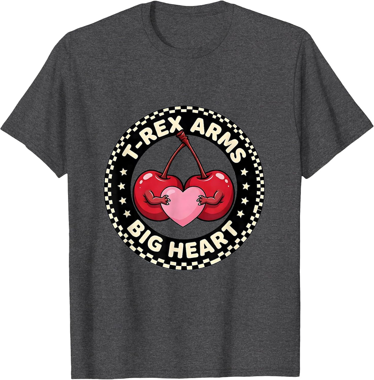 T-Rex Arms Big Heart Funny Dinosaur Design T-Shirt - Dark Heather Grey