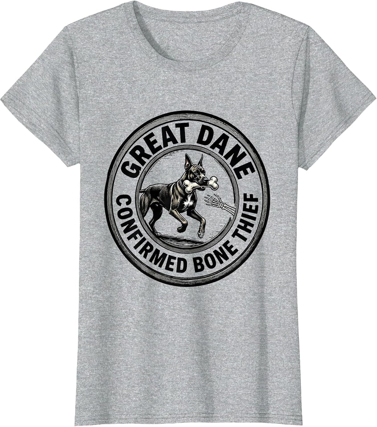 GREAT DANE: CONFIRMED BONE THIEF Funny Skeleton Chasing Dog T-Shirt - Heather Grey